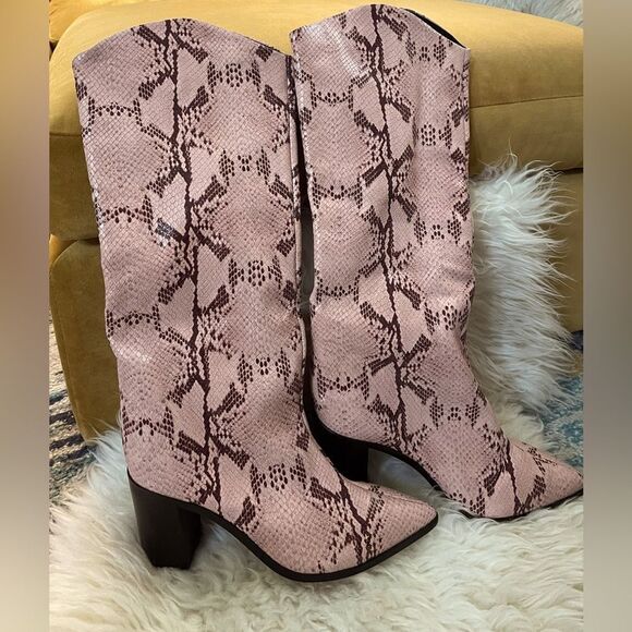 SCHUTZ Maryana Block Heel Knee Snake Python Cowboy Boot Rose 8.5 - Picture 1 of 5